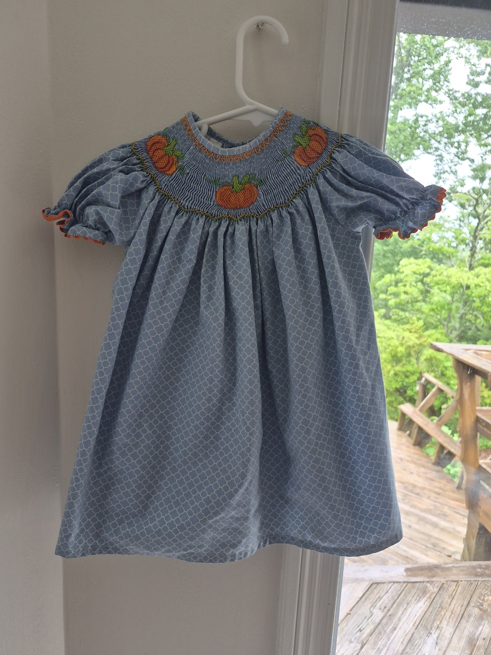 Blue Smocked Dress with Orange Pumpkin Embroidery